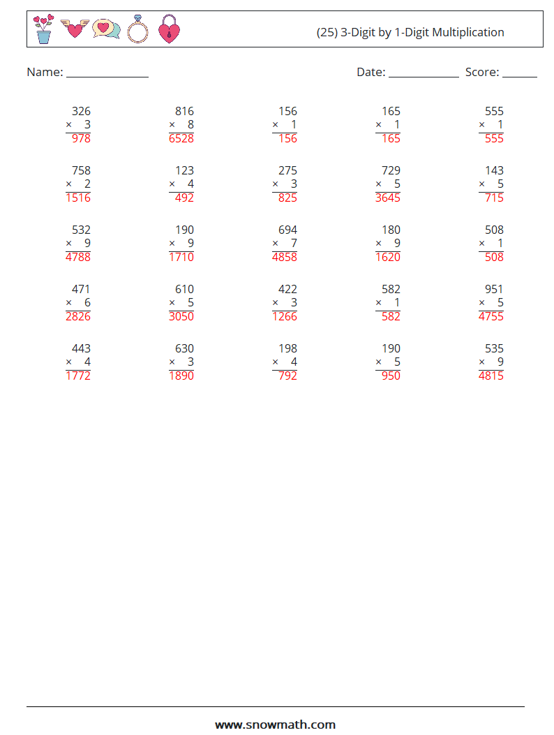 (25) 3-Digit by 1-Digit Multiplication Math Worksheets 11 Question, Answer