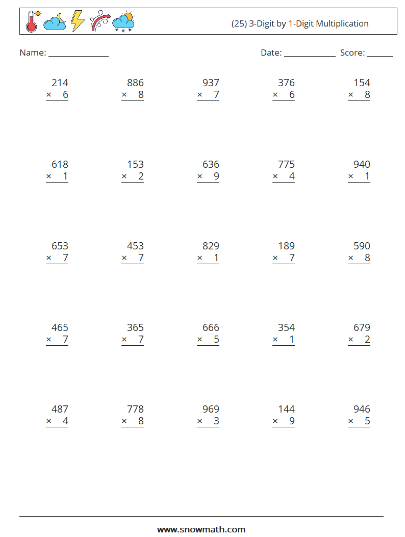 (25) 3-Digit by 1-Digit Multiplication Math Worksheets 12