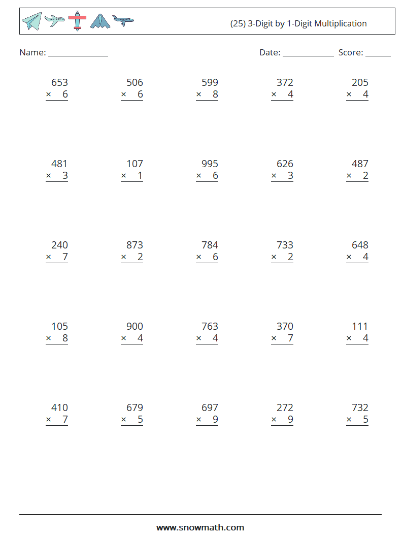 (25) 3-Digit by 1-Digit Multiplication Math Worksheets 13