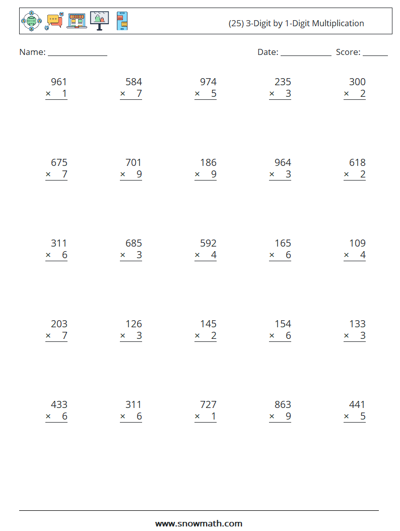 (25) 3-Digit by 1-Digit Multiplication Math Worksheets 14