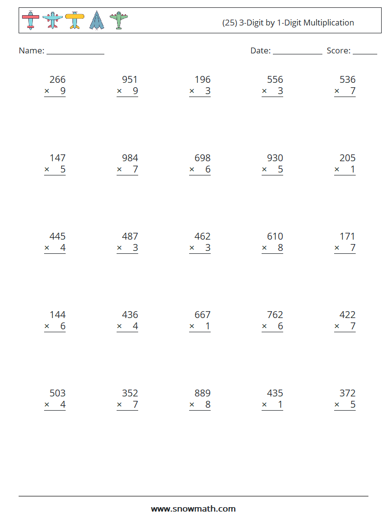 (25) 3-Digit by 1-Digit Multiplication Math Worksheets 15