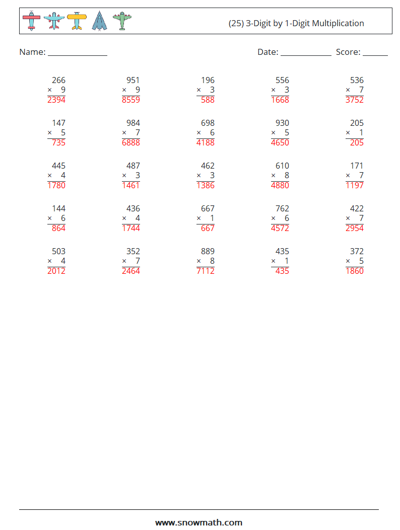 (25) 3-Digit by 1-Digit Multiplication Math Worksheets 15 Question, Answer