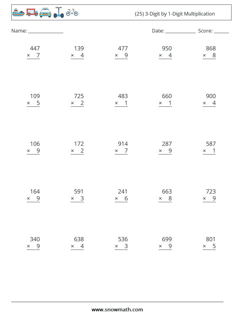 (25) 3-Digit by 1-Digit Multiplication Math Worksheets 16