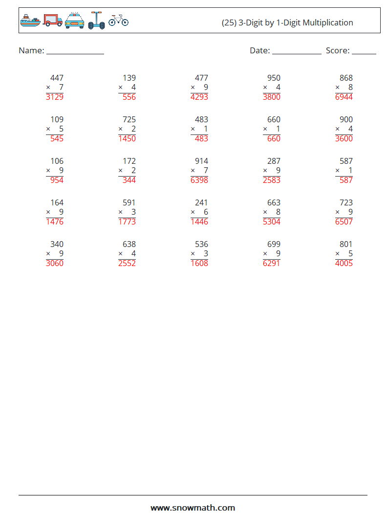 (25) 3-Digit by 1-Digit Multiplication Math Worksheets 16 Question, Answer