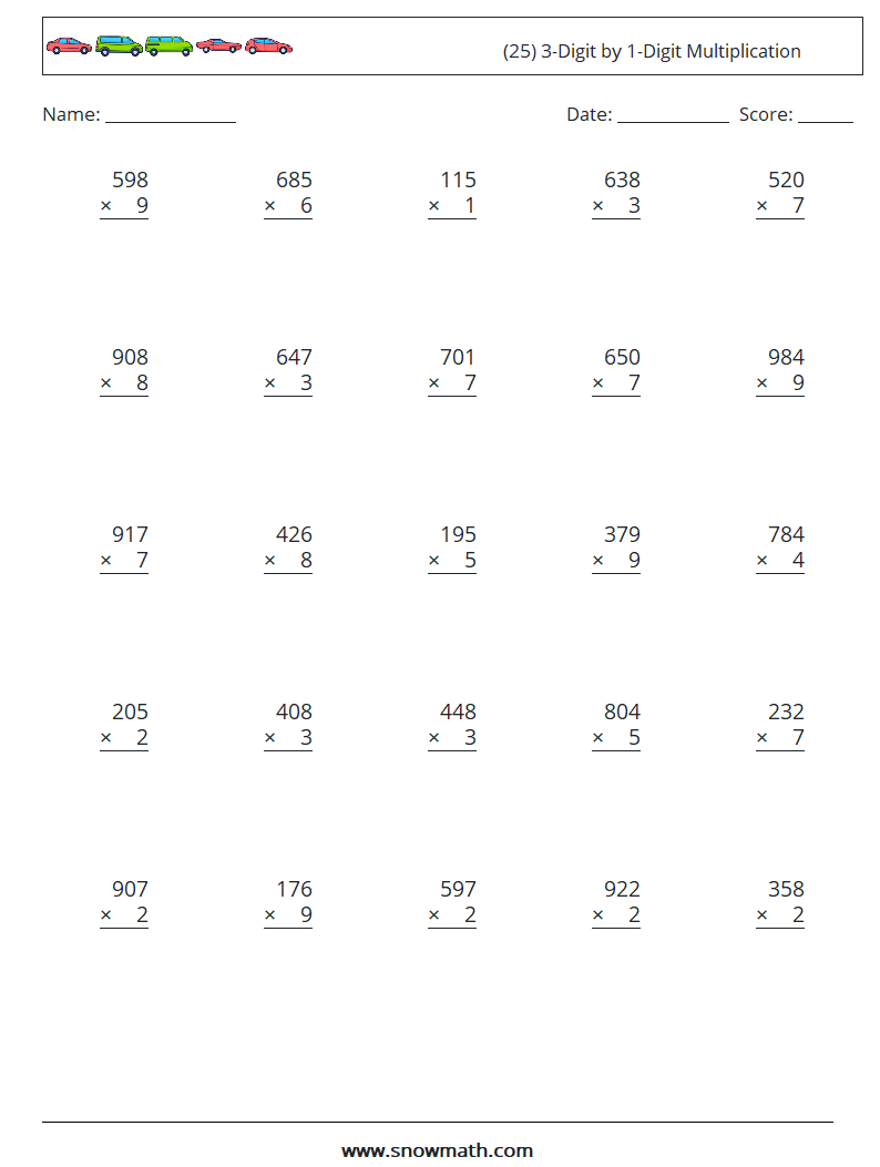 (25) 3-Digit by 1-Digit Multiplication Math Worksheets 17