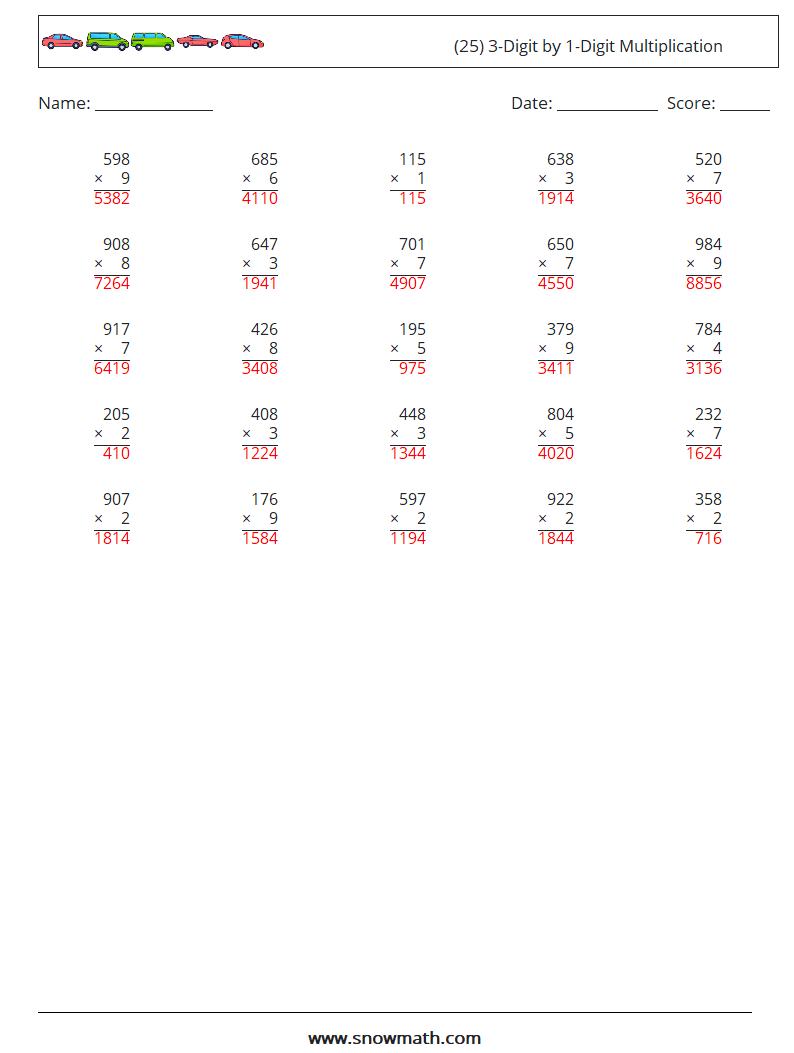 (25) 3-Digit by 1-Digit Multiplication Math Worksheets 17 Question, Answer