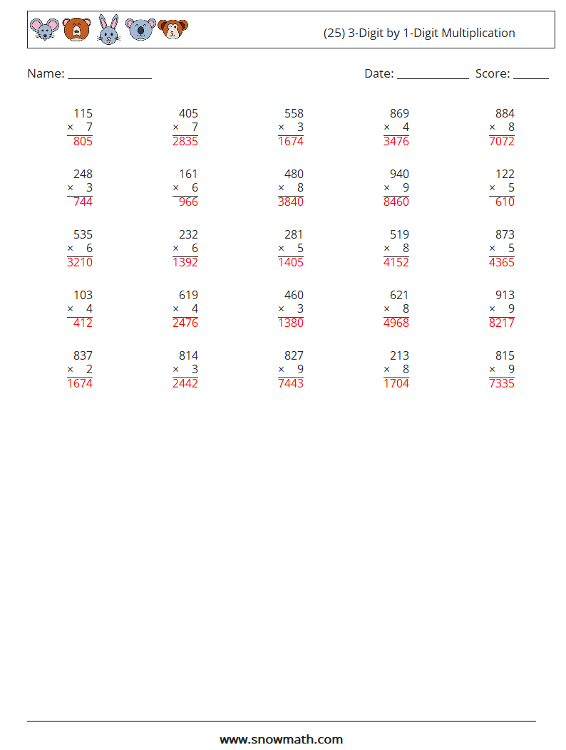 (25) 3-Digit by 1-Digit Multiplication Math Worksheets 18 Question, Answer