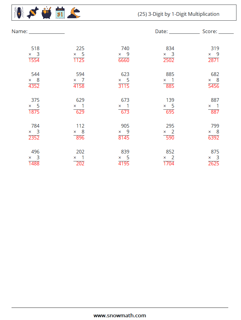 (25) 3-Digit by 1-Digit Multiplication Math Worksheets 1 Question, Answer