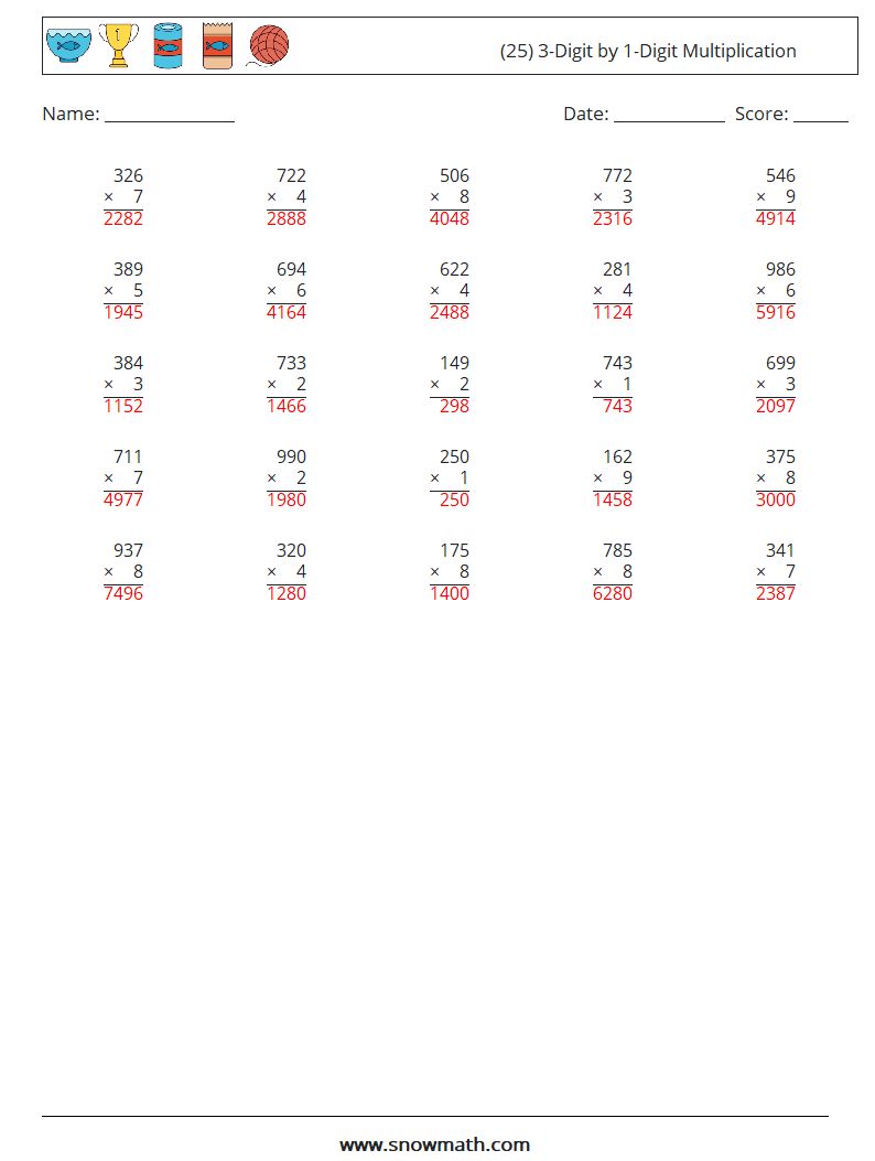 (25) 3-Digit by 1-Digit Multiplication Math Worksheets 2 Question, Answer