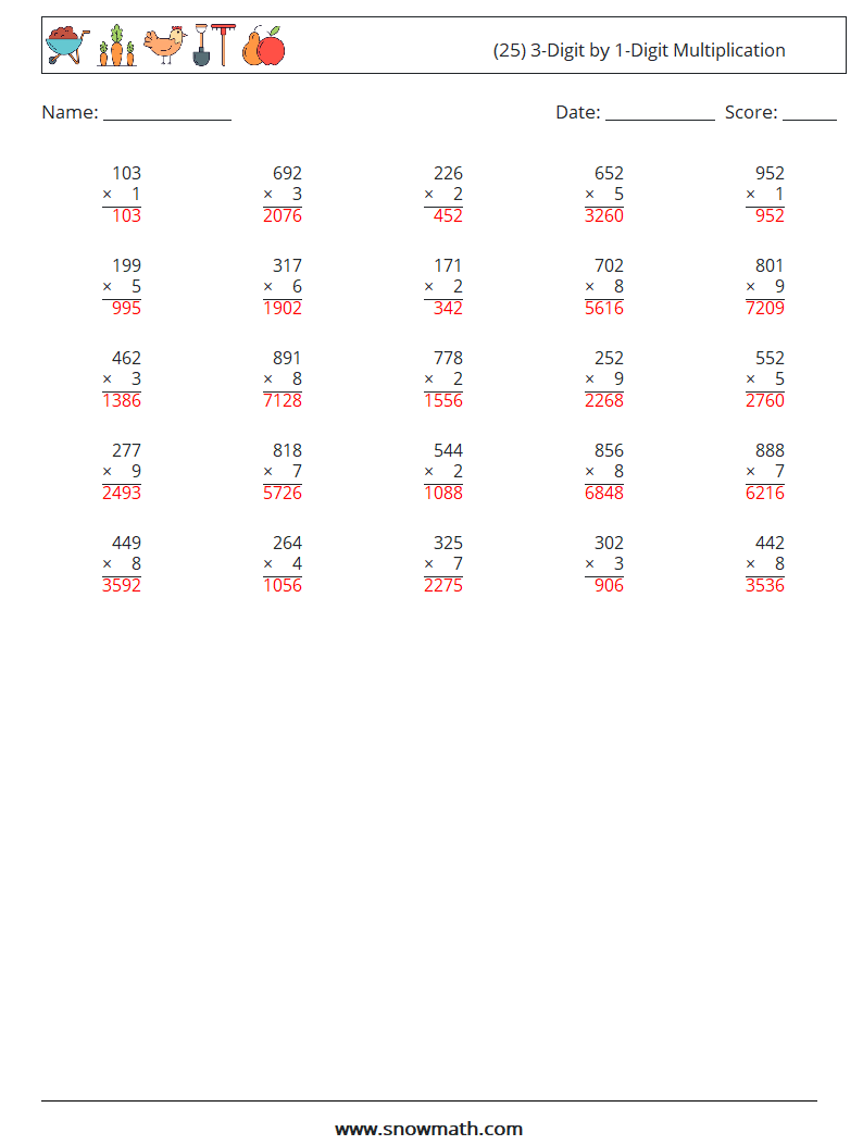 (25) 3-Digit by 1-Digit Multiplication Math Worksheets 3 Question, Answer