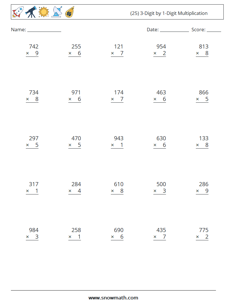 (25) 3-Digit by 1-Digit Multiplication Math Worksheets 4