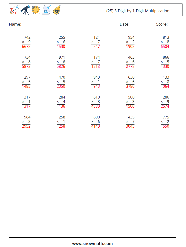 (25) 3-Digit by 1-Digit Multiplication Math Worksheets 4 Question, Answer