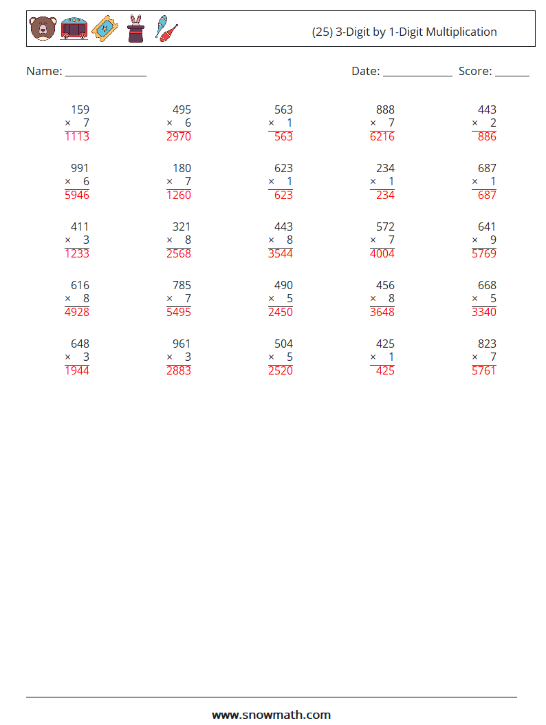 (25) 3-Digit by 1-Digit Multiplication Math Worksheets 5 Question, Answer