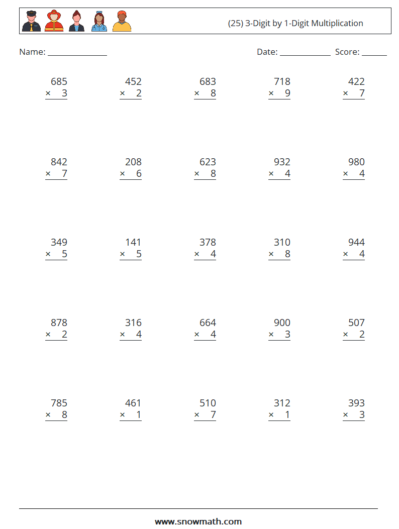 (25) 3-Digit by 1-Digit Multiplication Math Worksheets 6