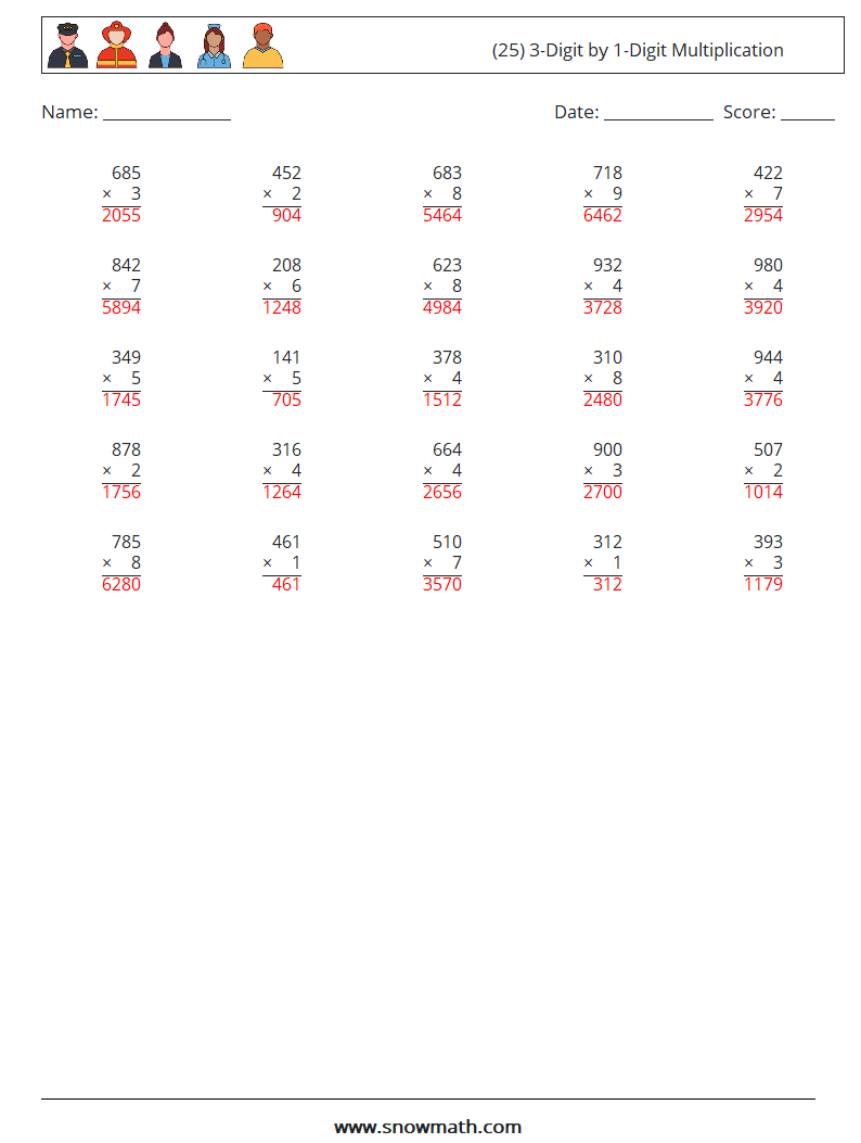 (25) 3-Digit by 1-Digit Multiplication Math Worksheets 6 Question, Answer