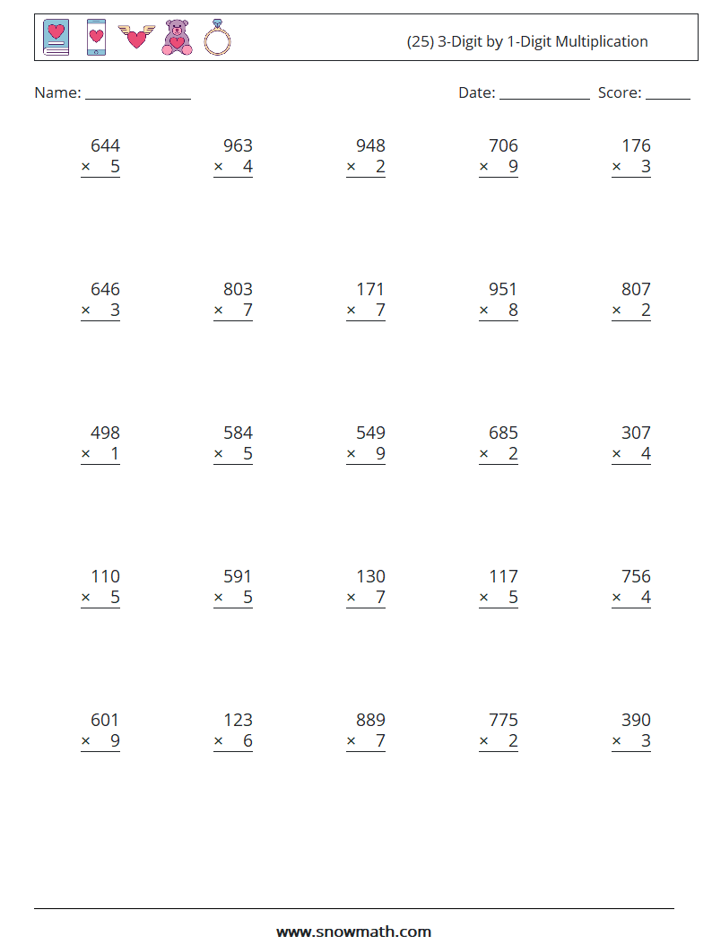 (25) 3-Digit by 1-Digit Multiplication Math Worksheets 7