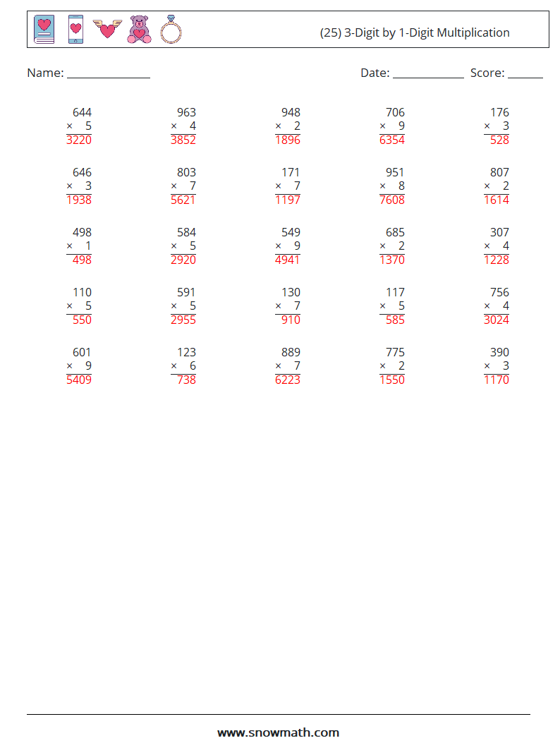 (25) 3-Digit by 1-Digit Multiplication Math Worksheets 7 Question, Answer