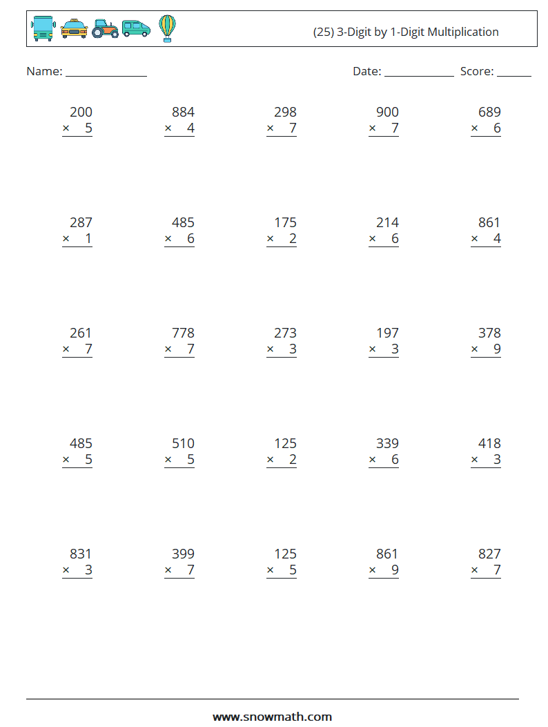 (25) 3-Digit by 1-Digit Multiplication Math Worksheets 8