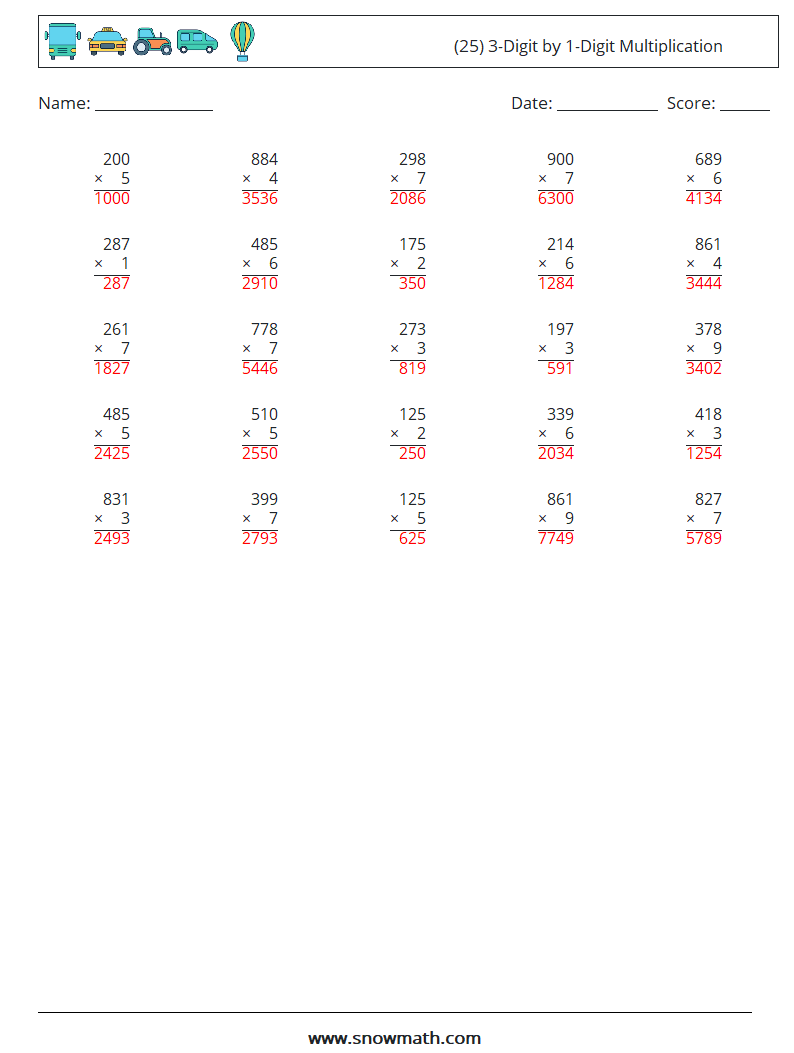 (25) 3-Digit by 1-Digit Multiplication Math Worksheets 8 Question, Answer