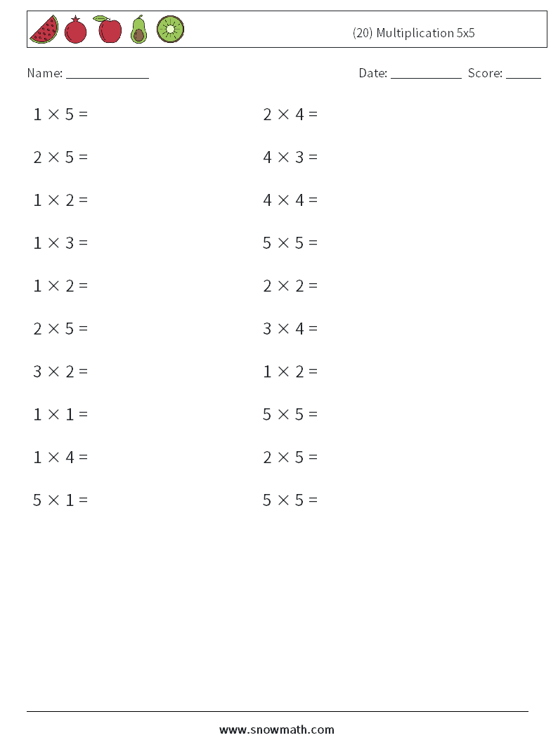 (20) Multiplication 5x5 Math Worksheets 1