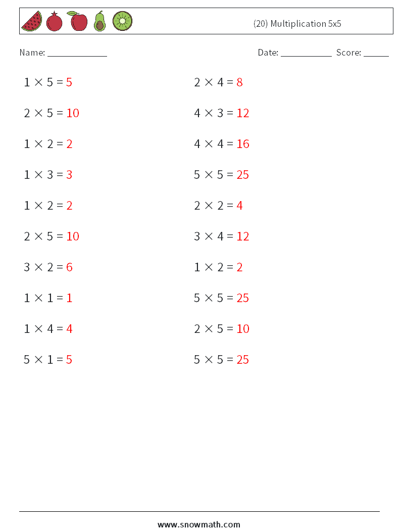 (20) Multiplication 5x5 Math Worksheets 1 Question, Answer
