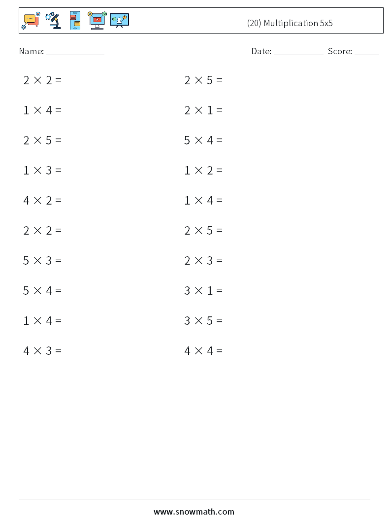 (20) Multiplication 5x5 Math Worksheets 2