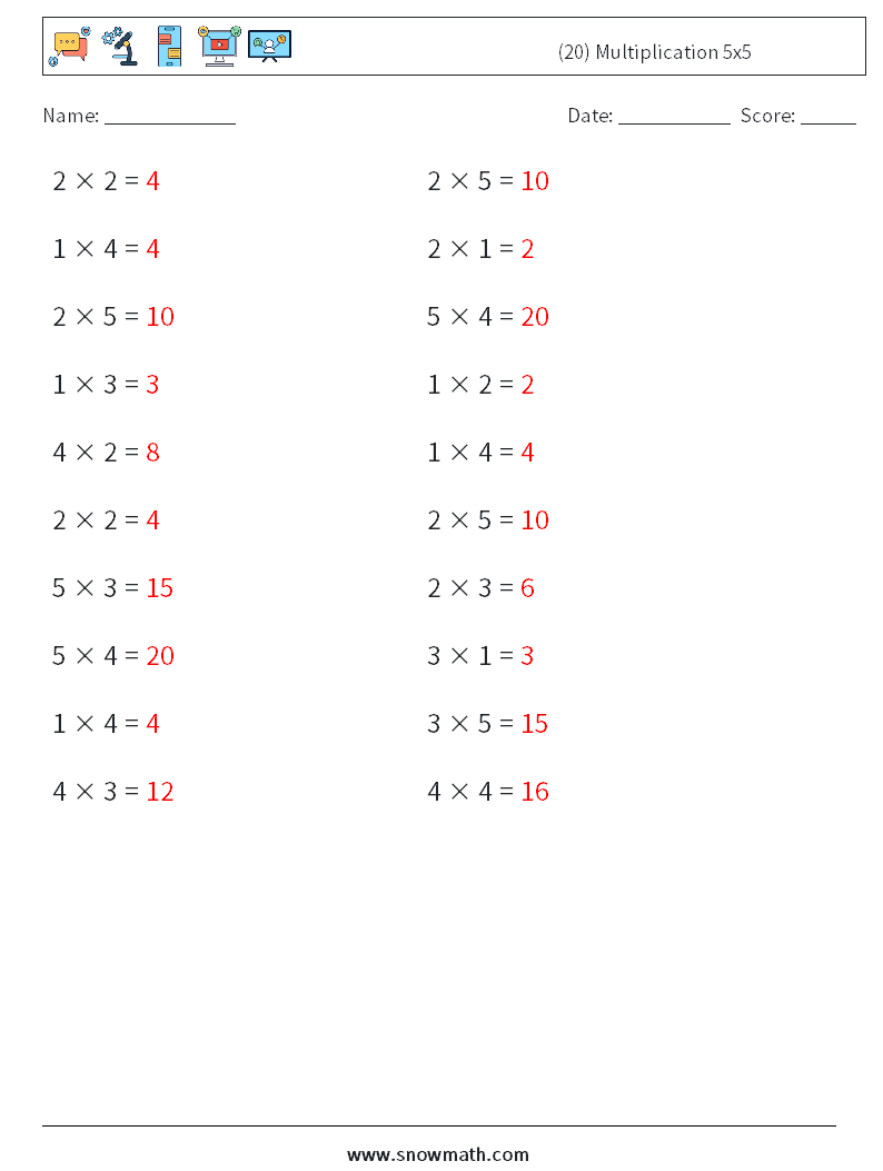 (20) Multiplication 5x5 Math Worksheets 2 Question, Answer