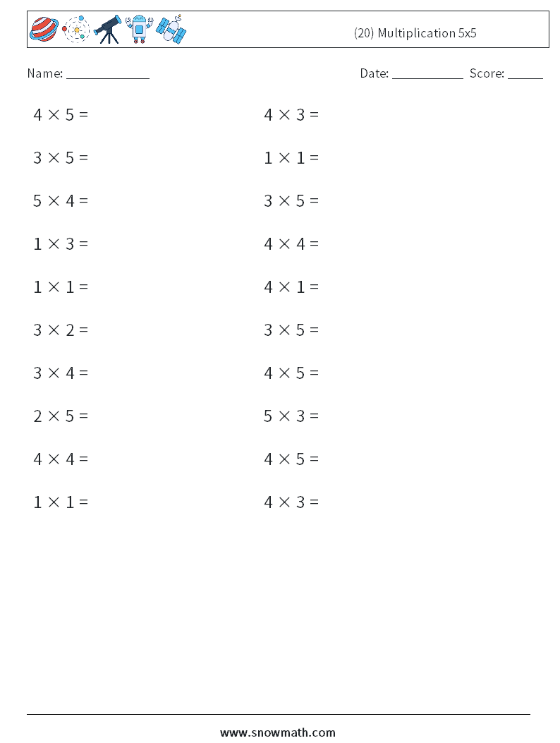 (20) Multiplication 5x5 Math Worksheets 3