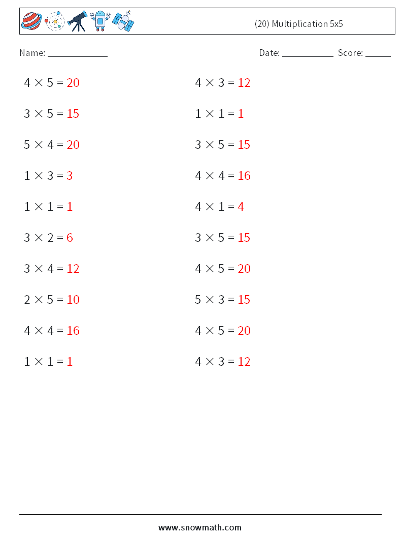 (20) Multiplication 5x5 Math Worksheets 3 Question, Answer