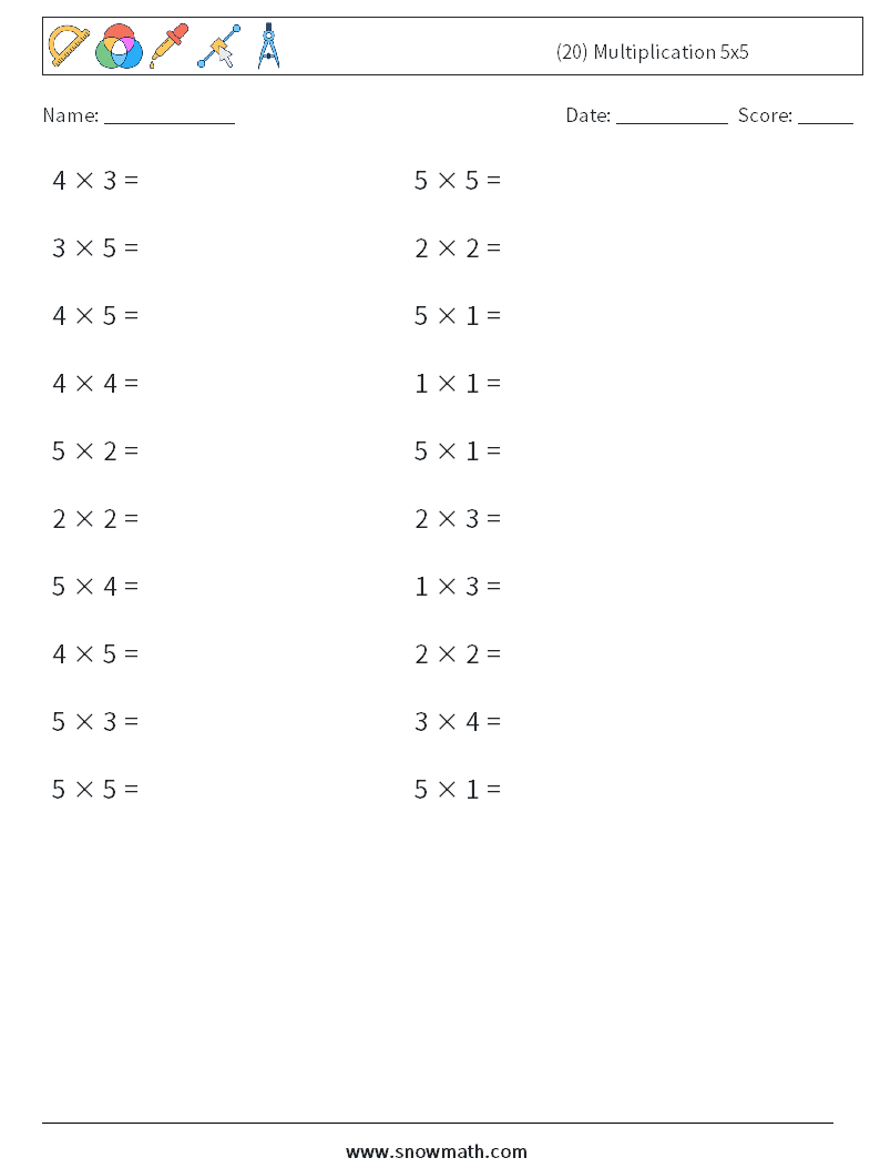 (20) Multiplication 5x5 Math Worksheets 4