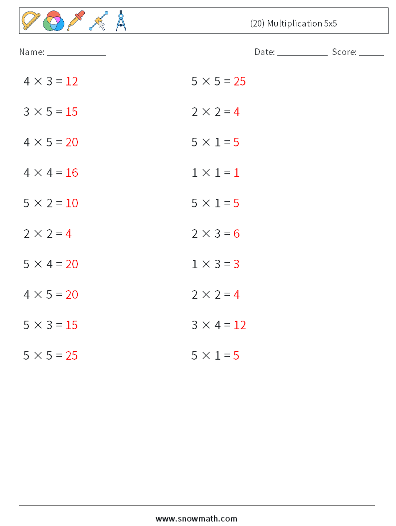 (20) Multiplication 5x5 Math Worksheets 4 Question, Answer