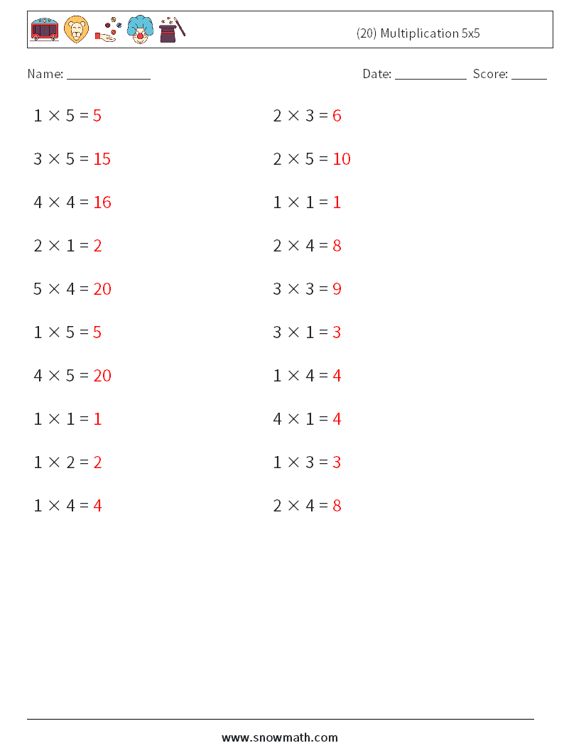 (20) Multiplication 5x5 Math Worksheets 5 Question, Answer