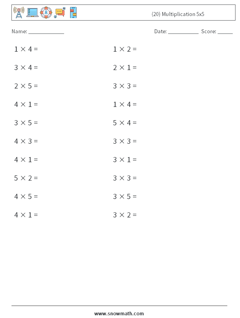 (20) Multiplication 5x5 Math Worksheets 6