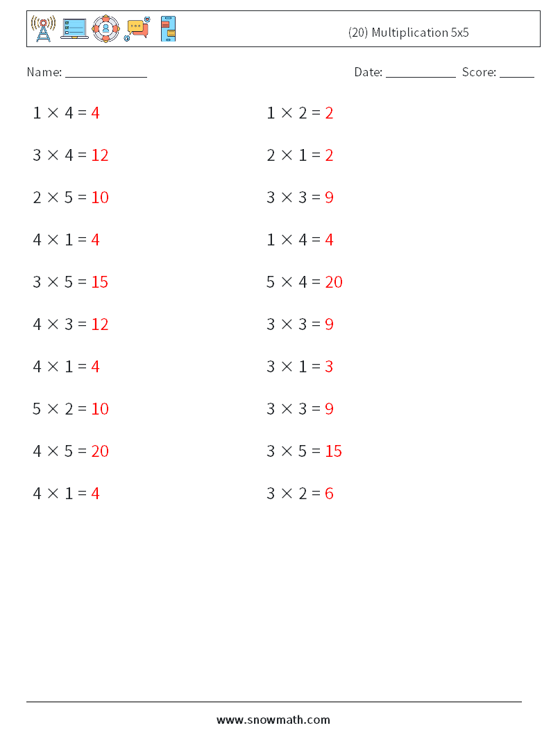 (20) Multiplication 5x5 Math Worksheets 6 Question, Answer