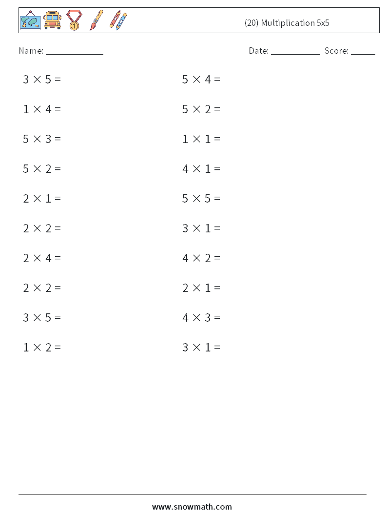 (20) Multiplication 5x5 Math Worksheets 7