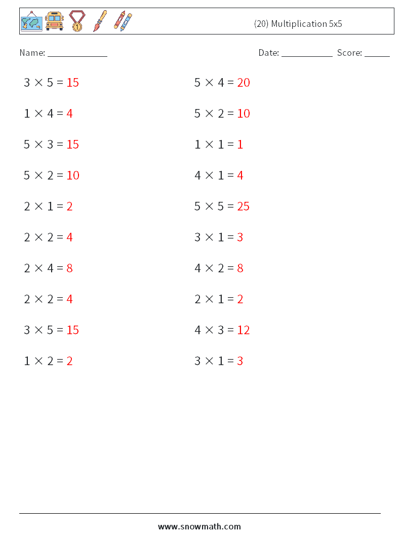 (20) Multiplication 5x5 Math Worksheets 7 Question, Answer