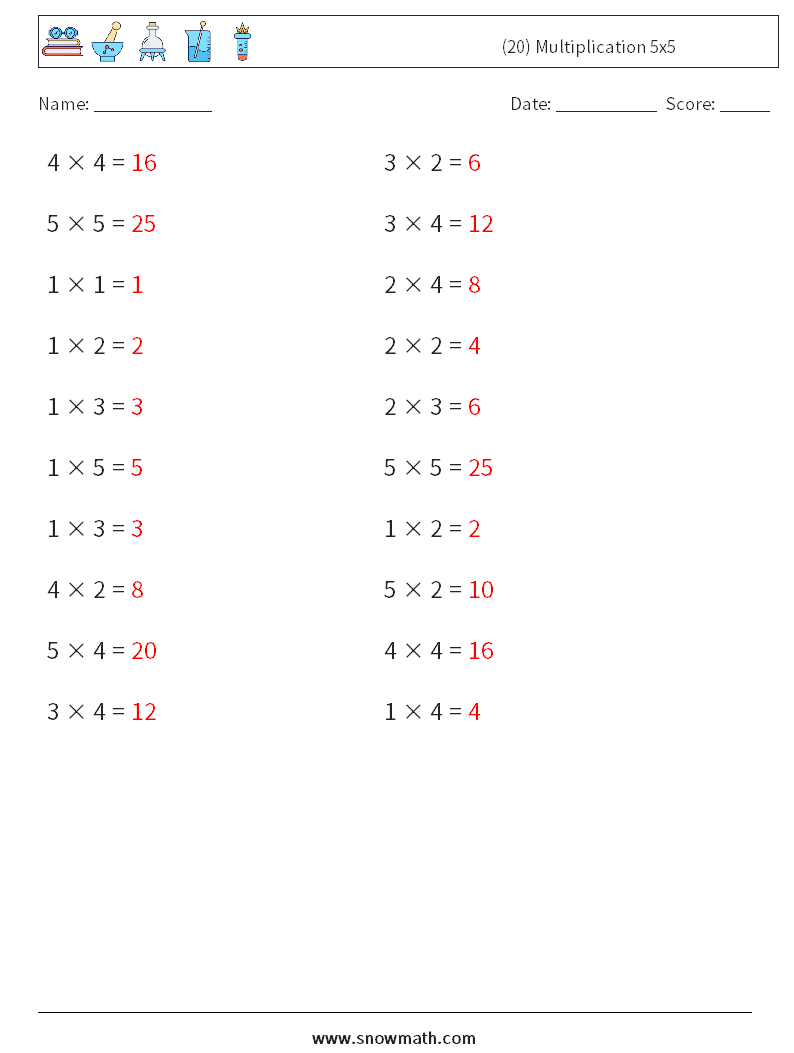 (20) Multiplication 5x5 Math Worksheets 8 Question, Answer