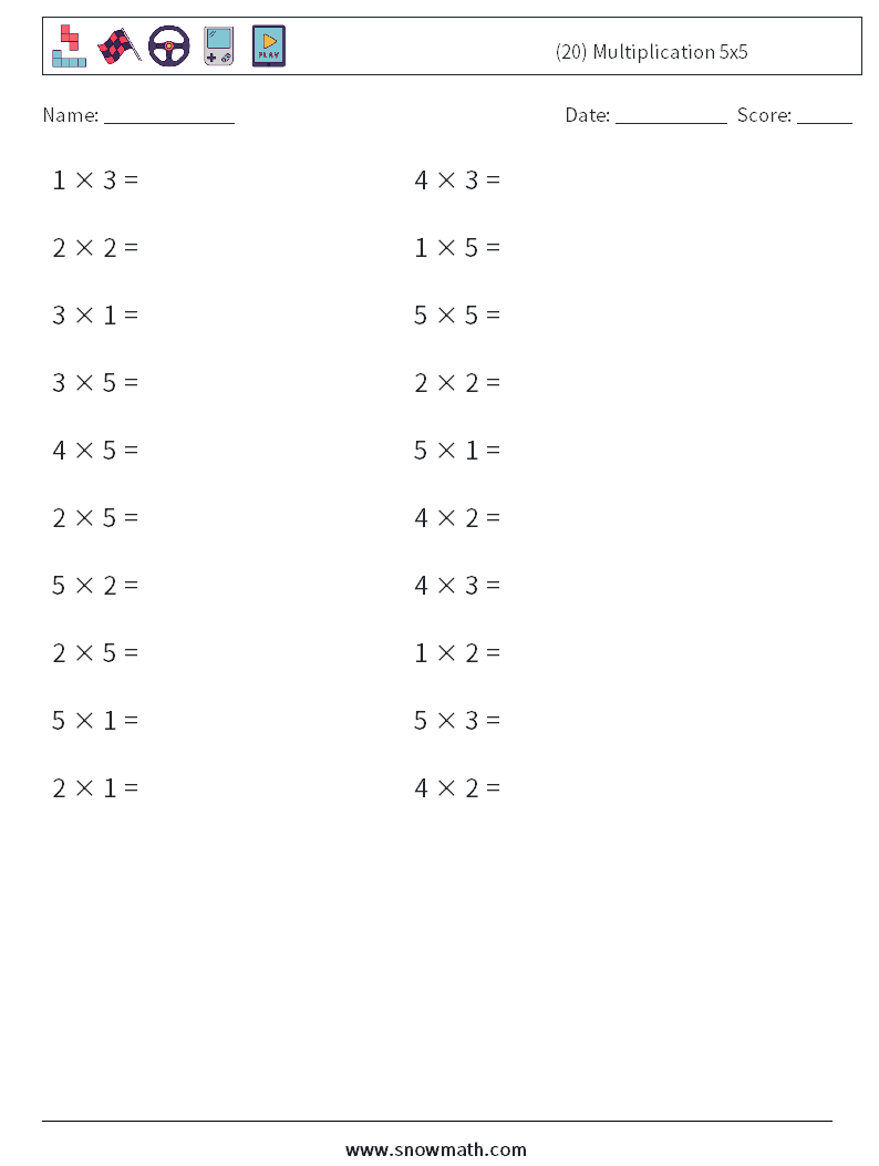 (20) Multiplication 5x5 Math Worksheets 9