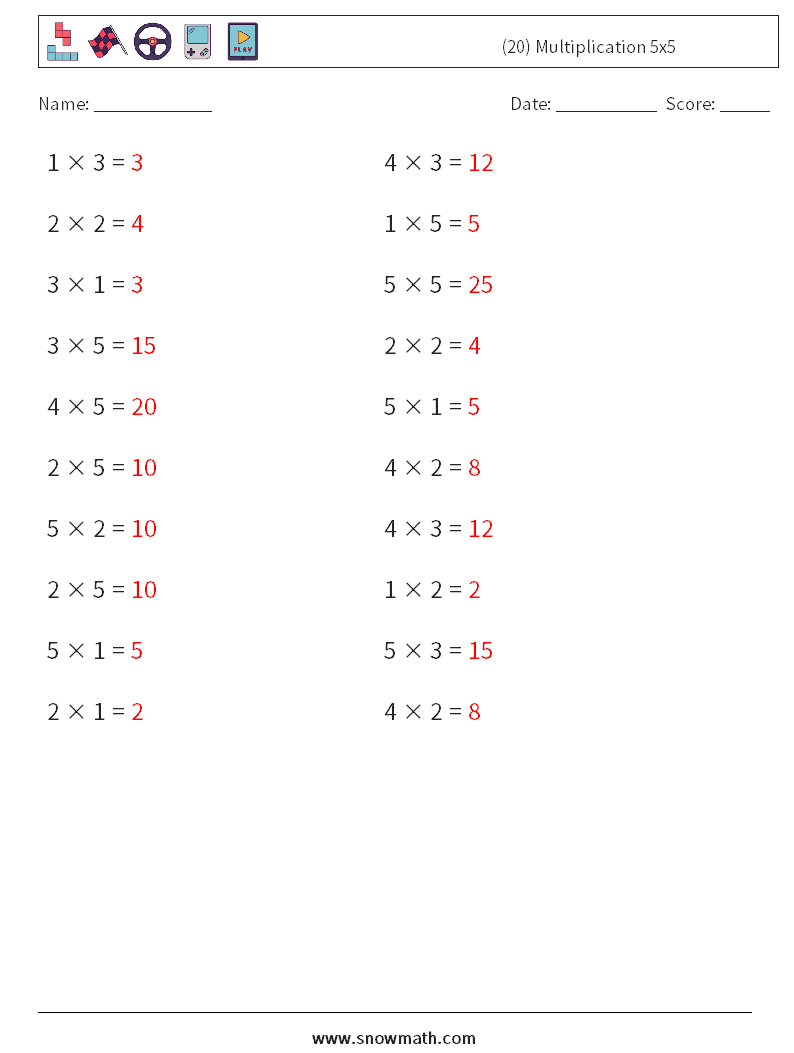 (20) Multiplication 5x5 Math Worksheets 9 Question, Answer
