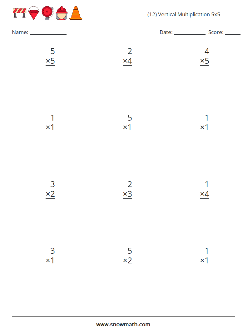 (12) Vertical Multiplication 5x5 Math Worksheets 3