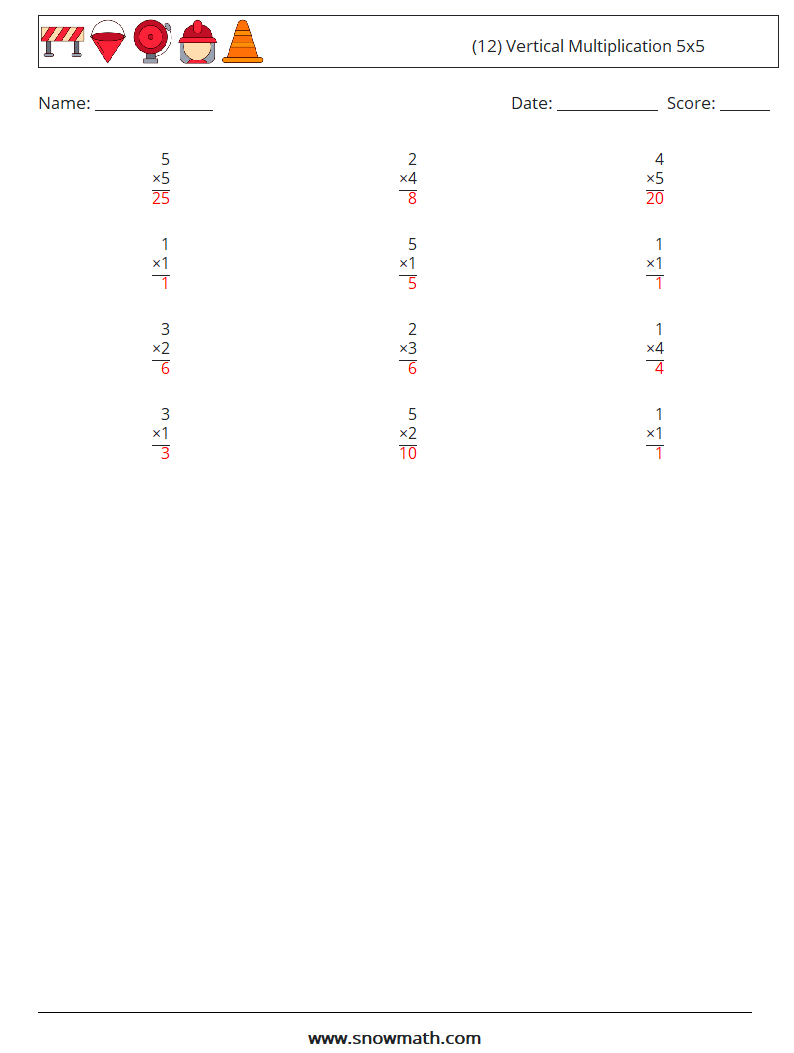 (12) Vertical Multiplication 5x5 Math Worksheets 3 Question, Answer