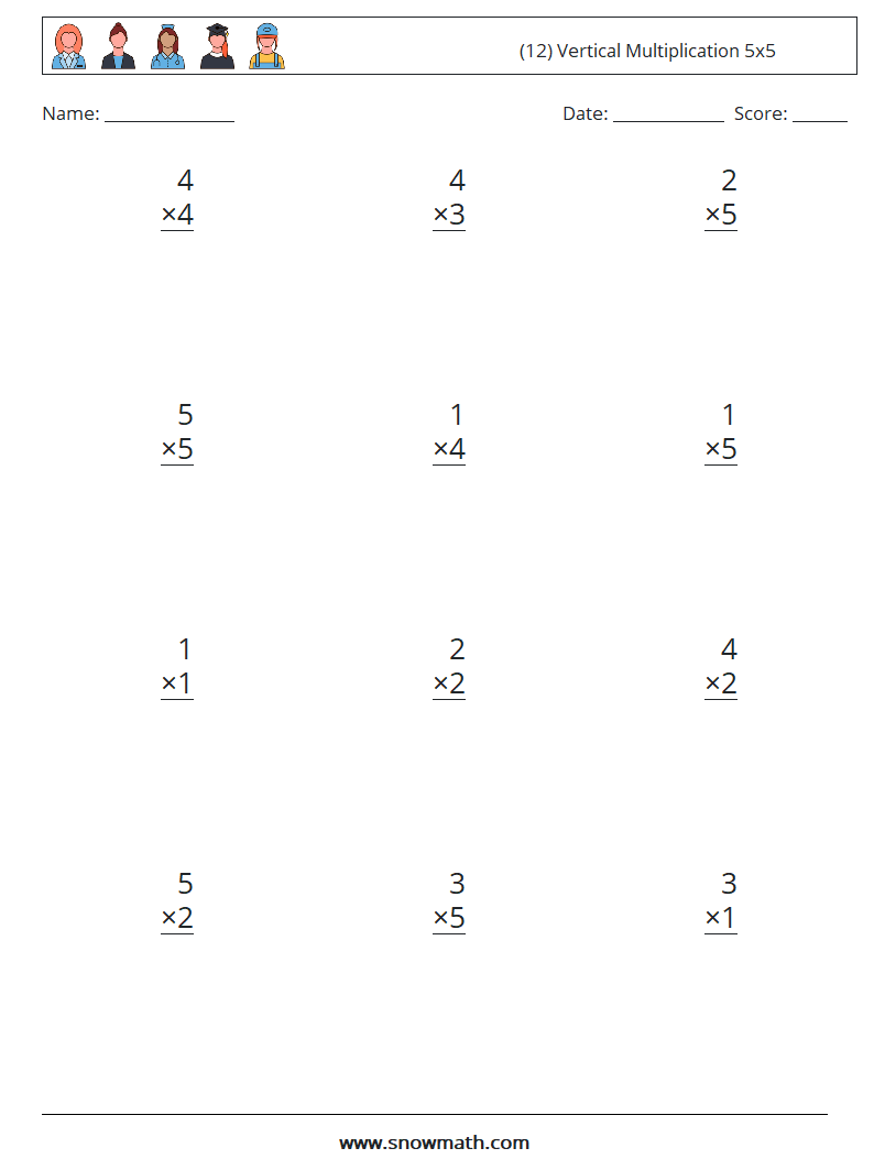 (12) Vertical Multiplication 5x5 Math Worksheets 4