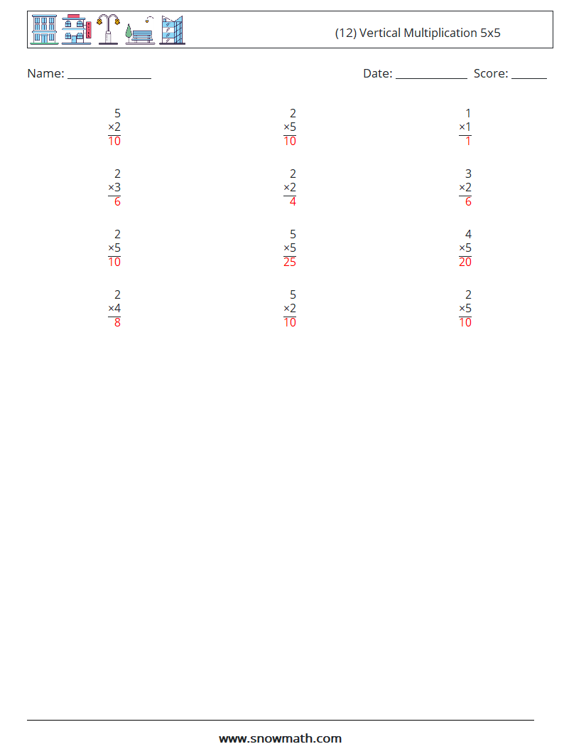 (12) Vertical Multiplication 5x5 Math Worksheets 6 Question, Answer