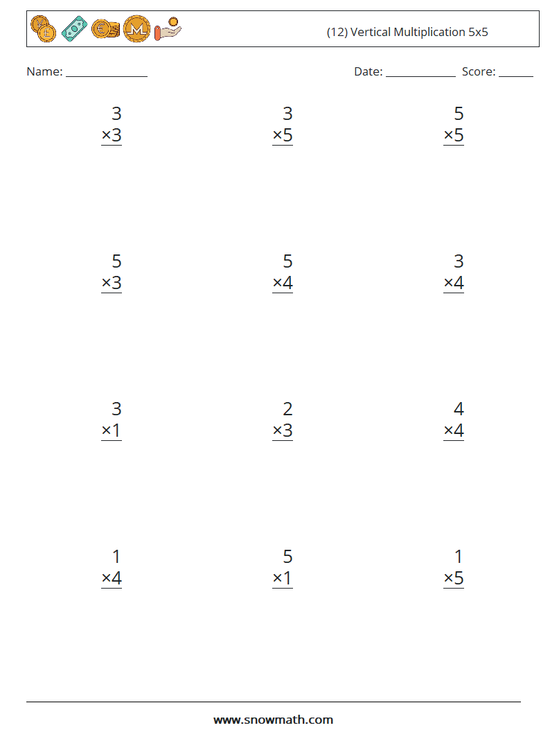 (12) Vertical Multiplication 5x5 Math Worksheets 7