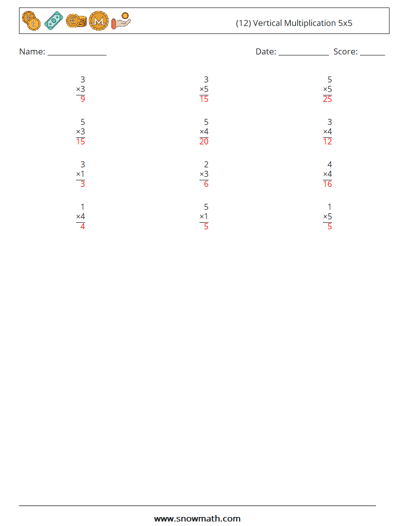 (12) Vertical Multiplication 5x5 Math Worksheets 7 Question, Answer