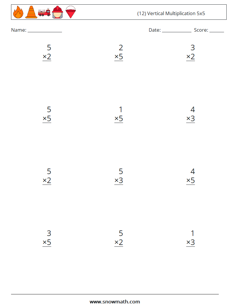 (12) Vertical Multiplication 5x5 Math Worksheets 8