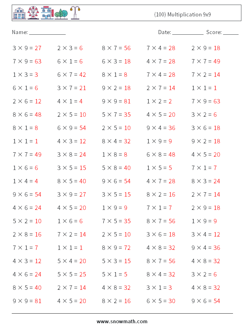 (100) Multiplication 9x9  Math Worksheets 1 Question, Answer