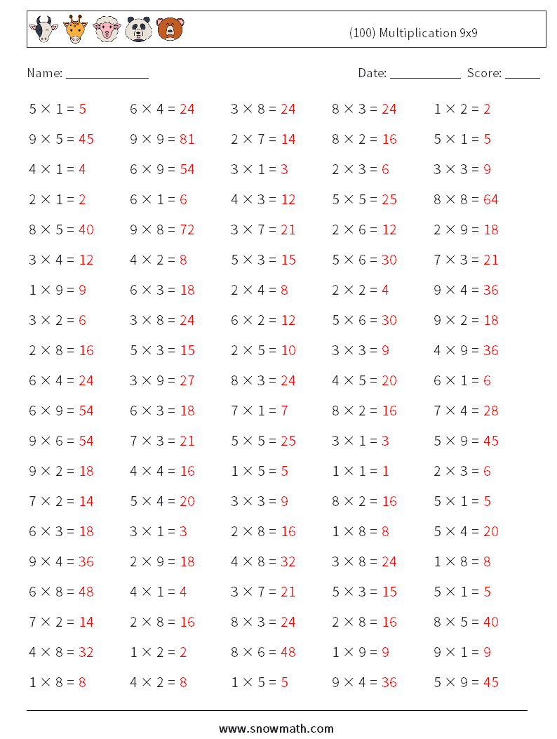 (100) Multiplication 9x9  Math Worksheets 2 Question, Answer