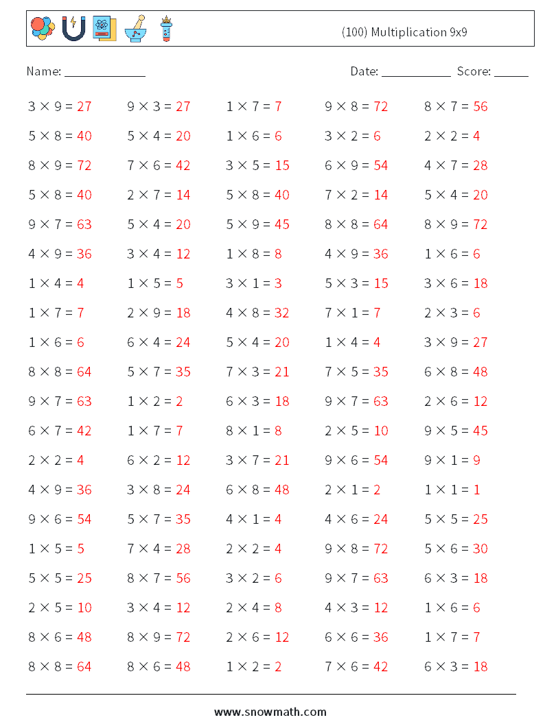 (100) Multiplication 9x9  Math Worksheets 3 Question, Answer