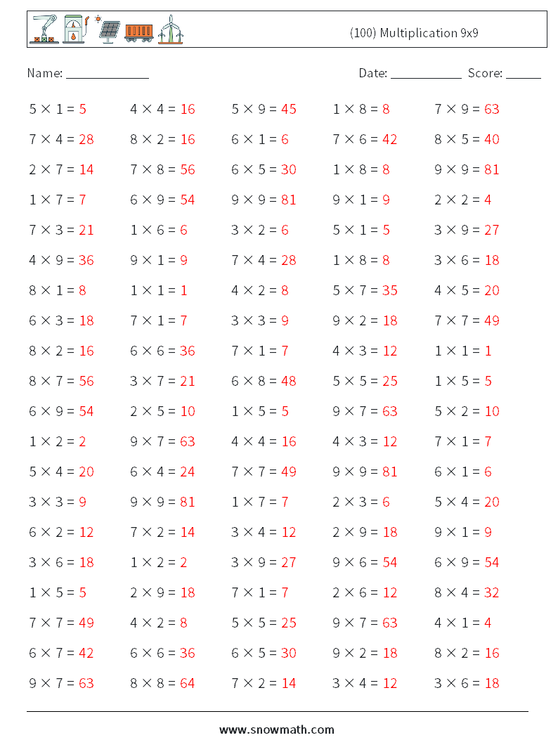 (100) Multiplication 9x9  Math Worksheets 4 Question, Answer